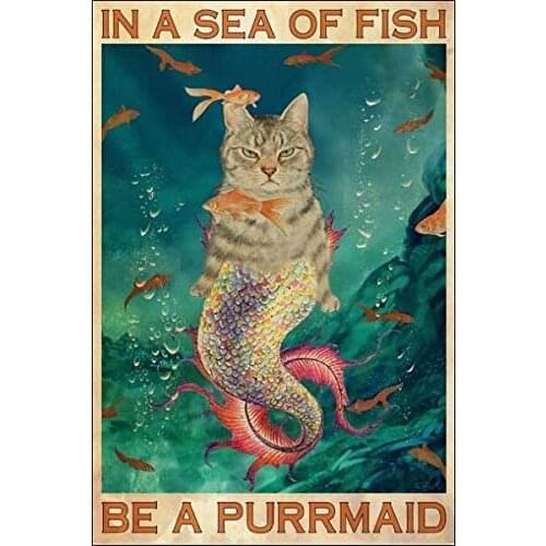 Metal Wall Sign In A Sea of Fish Be A Purrmaid Black Cat Mermaid Home Interior Wall Decoration Vintage Metal Plate 8X12 Inches