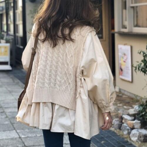 2021 New Autumn Vest Stitching Shirt Fake Two-piece Temperament Korean Women Loose Casual Pullover Lady Round Neck Fashion Tops