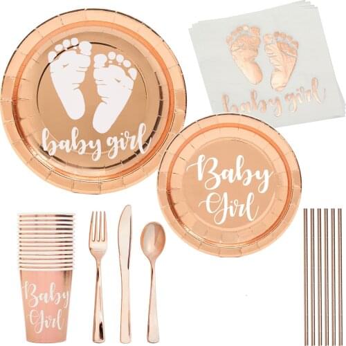 8pc Baby Girl Disposable Tableware Baby Girl Paper Napkin Plate Cup Baby Girl Happy Birthday Party Decor Kids Girl Baptism Supli