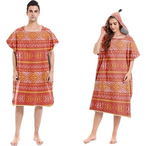 Boho Style Printed Beach Hooded Bath Towel Microfiber Beach Movable Changing Beach Robe For Adult Swim Beach Surf Beachwear