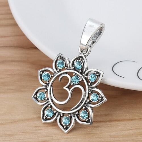 2 Pieces OM AUM Yoga Symbol Rhinestone Lotus Flower Charms Pendants for Necklace Jewellery Making Findings