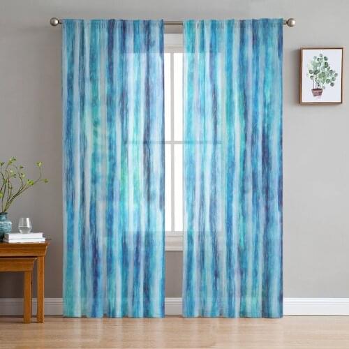 Luxury Sheer Curtains Tie-Dye Blue Stripes Kitchen Bedroom Living Room Tulle Curtains Study French Window Chiffon Curtains