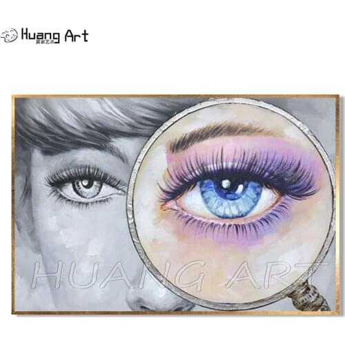 Hand-painted Creative Beautiful Girls Eye Oil Painting on Canvas for Room Decor Magnifying Glass Modern Acrylic Wall Painting