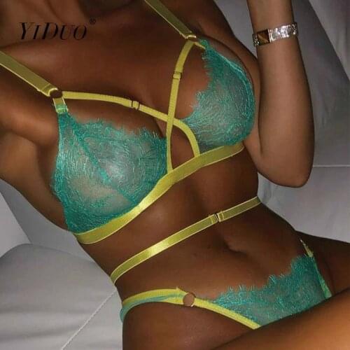 YiDuo Sexy Lace Lingerie Bra Set Green Transparent Bra Underwear Set Women Bra And Panty 2 Piece Set See Through Erotic Lingerie