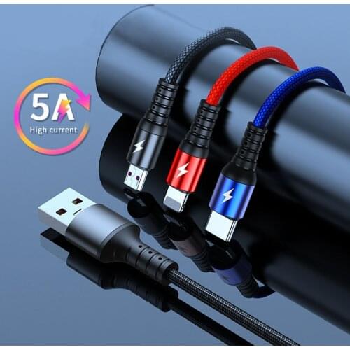 5A Super Fast Charging 3 In 1 USB Cable For Huawei For iPhone 12 11 Pro Max USB To 8 Pin Micro USB Type C Kable Cord For Samsung