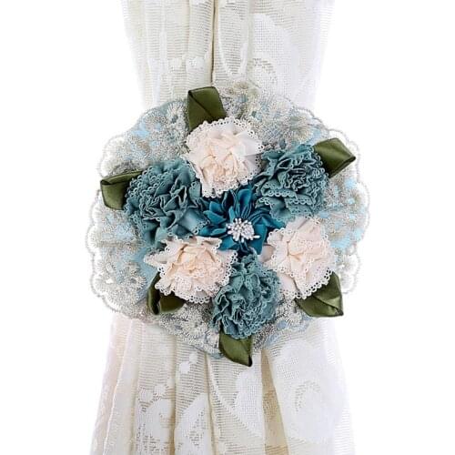 WCIC Blue Fabric Curtain Strap With Delicate Tassels And Beautiful Fake Flower Curtain Holder With Clip