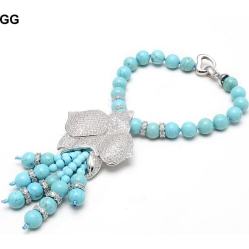 GuaiGuai Jewelry Blue Turquoises Stone Cubic Zirconia CZ Pave Flower Tassel Pendant Bracelet Sets For Women