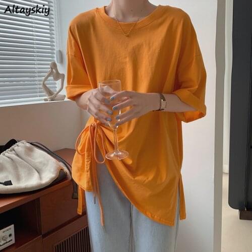 T-shirts Women 4-colors All-match Simple Shirring Trendy Female Tops Loose Side-slit Casual Solid O-neck Harajuku Minimalist Ins
