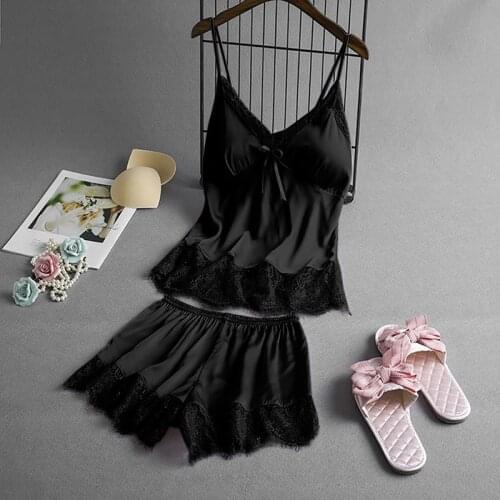 Women Pajamas Set Silk Lace Stain Pajamas Bowknot Shorts + Deep V Camisole Set Sexy Cute Nightwear Sleepwear Women Lingerie