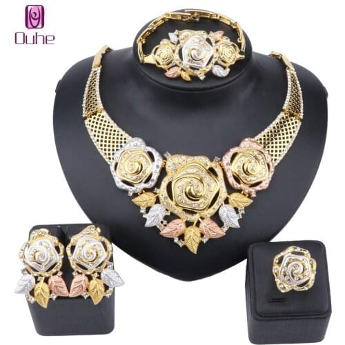 Women Gold Color Wedding Party Bridal Accessories Crystal Rose Flower Pendant Necklace Earring Bangle Ring Costume Jewelry Sets