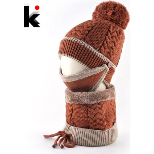 Winter Womens Beanies Scarf Set Thick Knitted Balaclava Hat With Mask Fashion Warm Knitting Pompom Caps Scarves Bonnet Gorro