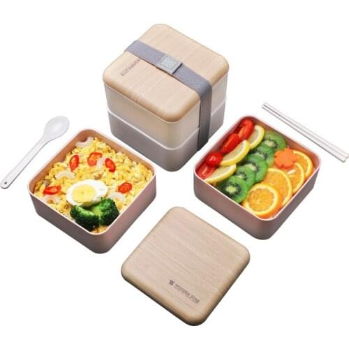 1400ml 2 Layer Healthy Lunch Box BPA Free Wood and PP Bento Box Food Containers Microwave Dinnerware Lunch Box for Kids Adults