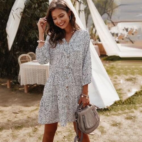 2020 Floral Dress Women Causal Loose White Short Mini Dresses Three Quarter Sleeve Summer Black Trendy Dress Clothes For Women