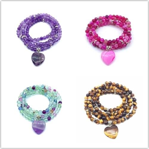 FYJS Unique Anniversaty Gift Silver Plated Romantic Love Heart 6 mm Round Beads Amethysts Bracelet Fluorite Stone Jewelry