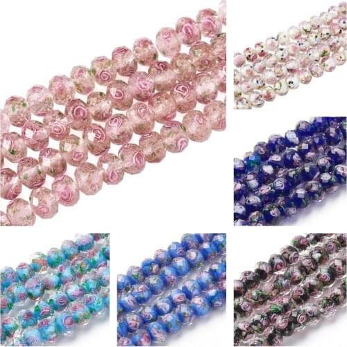 Handmade Gold Sand Lampwork Flower Beads Faceted Rondelle Beads DIY Jewelry Making Finding Loose Spacer Beads About 60pcs/strand