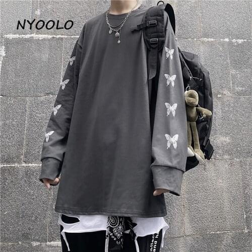 NYOOLO Casual Streetwear butterfly print long sleeve O-neck t-shirt women men Autumn loose hip hop skateboard pullovers tops tee