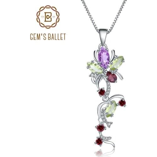 GEMS BALLET Multicolor Natural Peridot Amethyst Garnet 925 Sterling Silver Cute Flower Pendant Necklace Fine Jewelry for Women