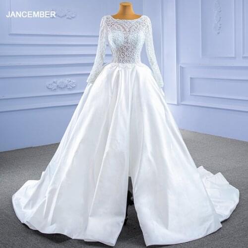 J67292 JANCEMBER Concise White Hollow-out Wedding Dress New Long Sleeve Smooth Satin Banquet Party Celebration Attendance Dress