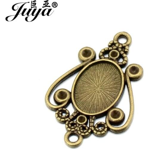 JUYA 10set/lot Pendant Setting Oval Cabochon Base Fit 10x14mm Glass Vintage Flower Cabochon For Necklace Jewelry Making AD0059