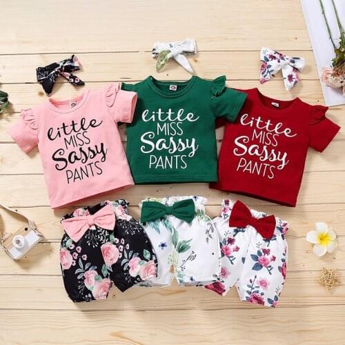 3 Pieces Kids Suit Set, Letter Print O-Neck Short Sleeve Tops+ Bowknot Floral Shorts+ Headband for Summer, 18 Months-5 Years