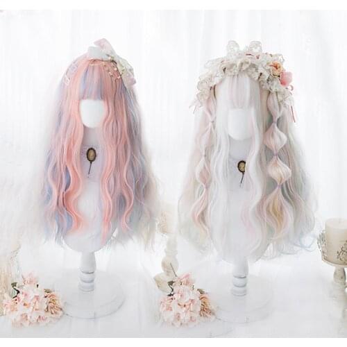 Cosplaymix 65CM Lolita Mixed Pink Blue Mixed Blonde Long Curly Omrbe Bangs Halloween Cute Party Synthetic Cosplay Wig+Cap