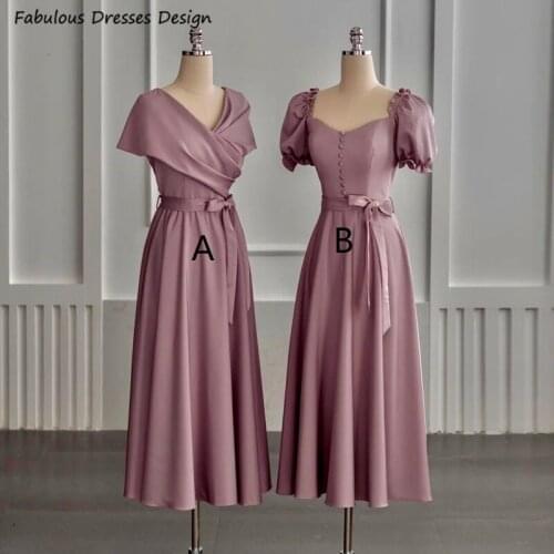 Dusty Rose Tea Length Bridesmaid Dresses Short Sleeve Sashes Bowknot Button Maid Of Honor Dress 2021 Elegant Wedding Party Dress