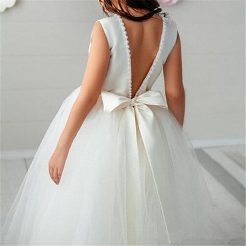 White Ivory Flower Girls Dresses For Wedding Pearl Backless Girl Princess Ball Gowns Sleeveless Kid Communication Birthday Dress