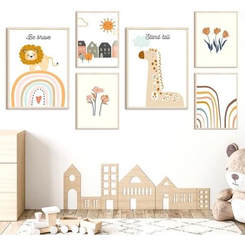 Lion Giraffe Rainbow Sun Cartoon Nursery Wall Art Canvas Painting Nordic Posters And Prints Wall Pictures Baby Kids Room Decor