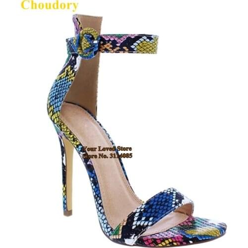 Choudory Multi-Snakeskin Single Strap Sandals Thin High Heel Round Buckle Strap Dress Pumps Concise Lime Green Red Blue Shoes