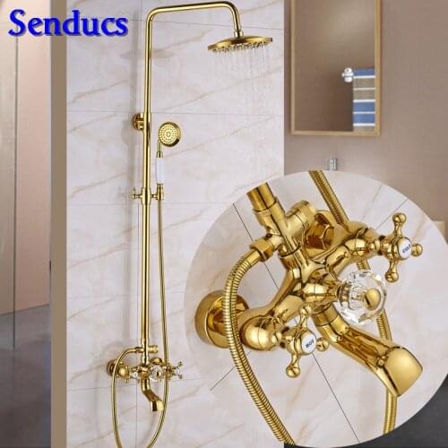 Senducs Luxury Gold Shower System Quality Brass Bathroom Shower Faucet Hot Selling Dual Handle Brass Bathroom Gold Shower Set