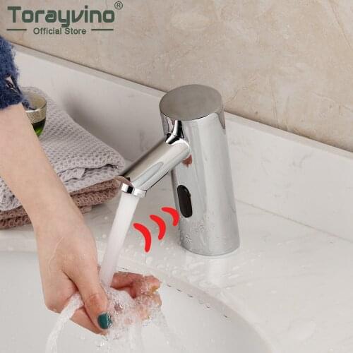 Torayvino Bathroom Washbasin Sink Automatic Touch Sensor Faucets Solid Brass Deck Mounted Basin Sink Hot & Cold Water Mixer Tap