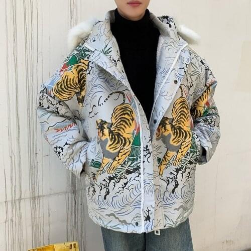 Fur Collar Loose Bomber Streetwear Hip Hop Pilot Coat Tiger Pattern Thicken Velvet Thick Warm Jacquard Jacket Men Wear