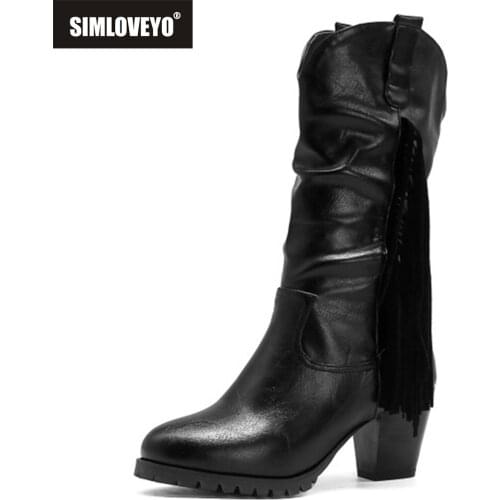 Vintage Tassel Western Cowgirl Boots for Women PU Leather Block Heels Pasture Shoes 2022 New Winter Bota Zapatos De Mujer S2368