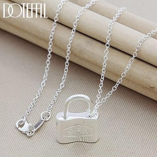 DOTEFFIL 925 Sterling Silver Squer Lock Necklace 18 inch Chain For Woman Fashion Wedding Engagement Party Charm Jewelry