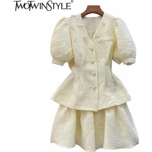 TWOTWINSTYLE Apricot Elegant Two Piece Set For Women V Neck Puff Short Sleeve Tops High Waist Mini Skirts Female 2021 Summer New