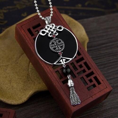 Real 925 Sterling Silver Tassel Gemstone Pendant Love knot Black Onyx Natural Stone Pendant Women Jewelry Birthday gifts