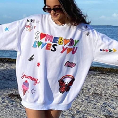 Y2K Womens Casual Long Sleeve Sweater Colorful Letter Butterfly Printing Pullover Sweatshirt