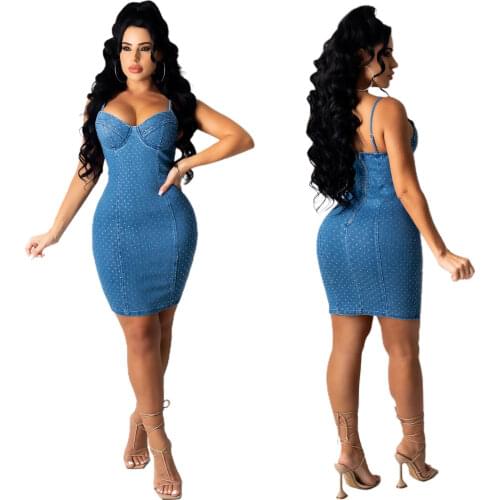 2021 European and American new sexy backless sling bag hip short skirt polka dot tight denim dress