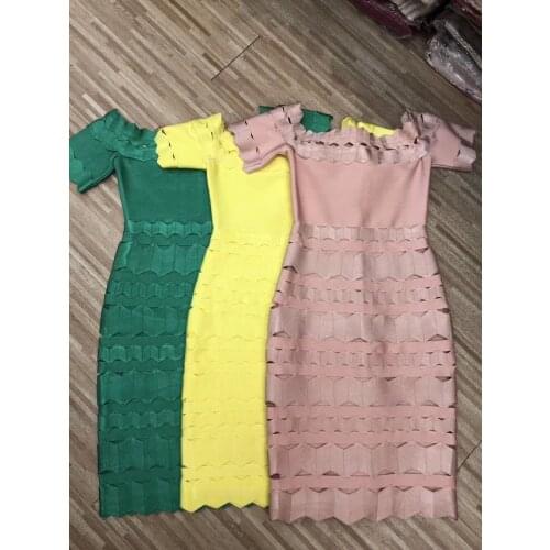 Green Yellow Pink Hollow Out Dress Party Cute Women Elegant Midi High Quality Dresses Slim Elastic Summer Bandage Dress Vestidos