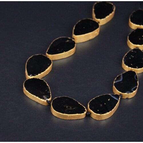 11pcs Natural Black Agates Flat Teardrop Loose Beads,Gold Edged Onxy Gems Stone Slab Pendants Necklace For DIY Jewelry Crafts