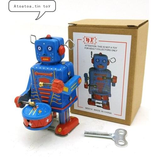 6x7x10CM Vintage Retro Drumming Robot Tin toy Classic Clockwork Wind Up Collection Robot Tin Toy For Adult Kids Collectible Gift