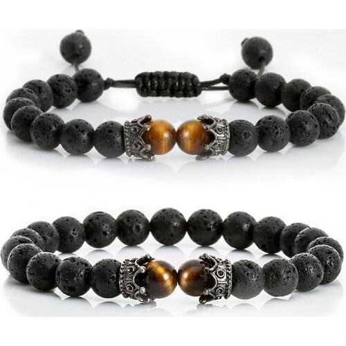 New Charm Tiger Eye Beaded Bracelet for Men Fashion Natural Lava Stone Black Onyx CZ Crown Bracelets Women Yoga Reiki Jewelry