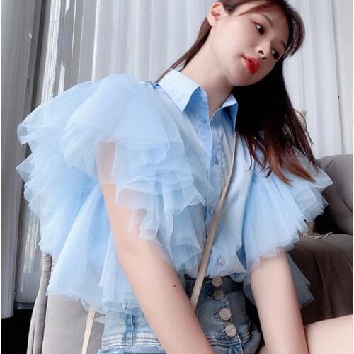 Layered Mesh Stitching Turn Down Collar Shirts Fairy Ruffles Single-breasted Gauze Puff Sleeve Spliced Blouses Crop Tops Blusas