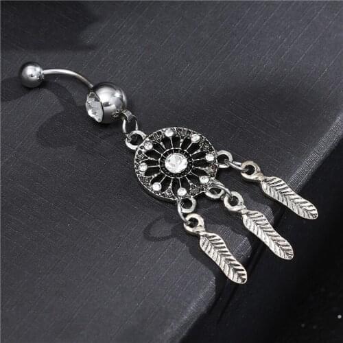 New Dangle Dreamcatch Tassel Rhinestone Body Piercing Dangle Crystal Navel Belly Button Bar Barbell Rings