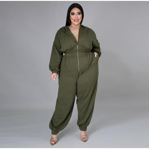 Drop-shipping Women Pure Color Casual Jumpsuits Autumn Fashion Zipper High Elastic Waist Loose Plus Size S-4XL Hooded Rompers