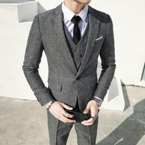 Mens Suit Wool Tweed Grooms Suit Collar Herringbone Slim Fit Wedding Suits Custom Prom For Casual Business Jacket Vest Pants