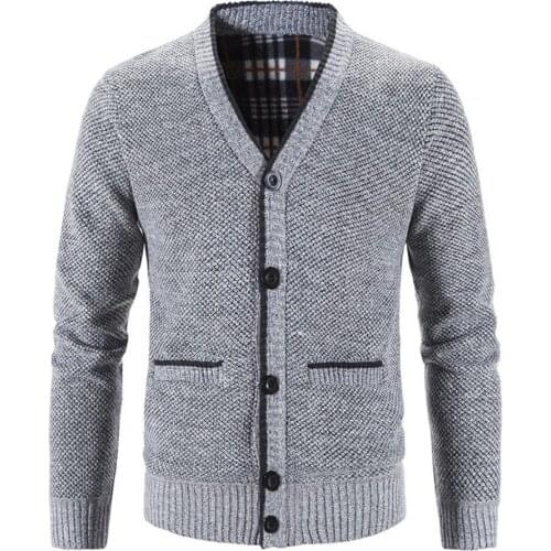 Men Jackets Stylish Knitted Coat Solid Color V Neck Thicken Plush Warm Casual Cardigan Sweater Men Coats Autumn Winter