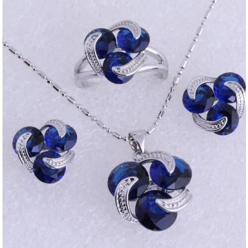 Love Monologue Silver Color 3 Pcs Blue Crystal Set Necklace/Pendant/Earrings/Rings Jewelry Sets for Womens SH0095