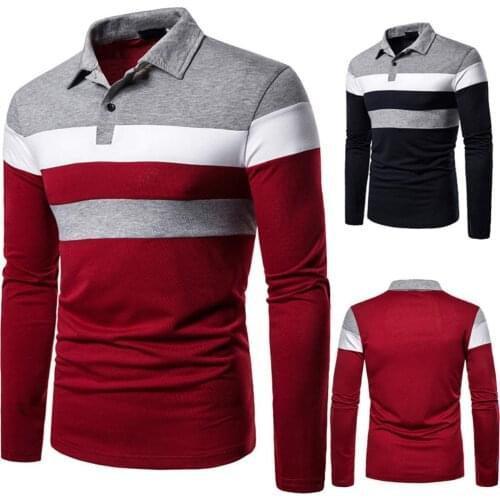 Spring Mens Lapel Long Sleeve Tri-Color Splicing Fashion Design Casual Polos Shirt Top
