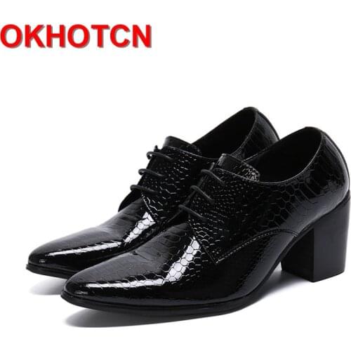 8cm Men High Heels Genuine Leather Dress Shoes Lace Up Black Oxford Shoes For Men Thick Heel Snake Pattern Mens Classic Shoes
